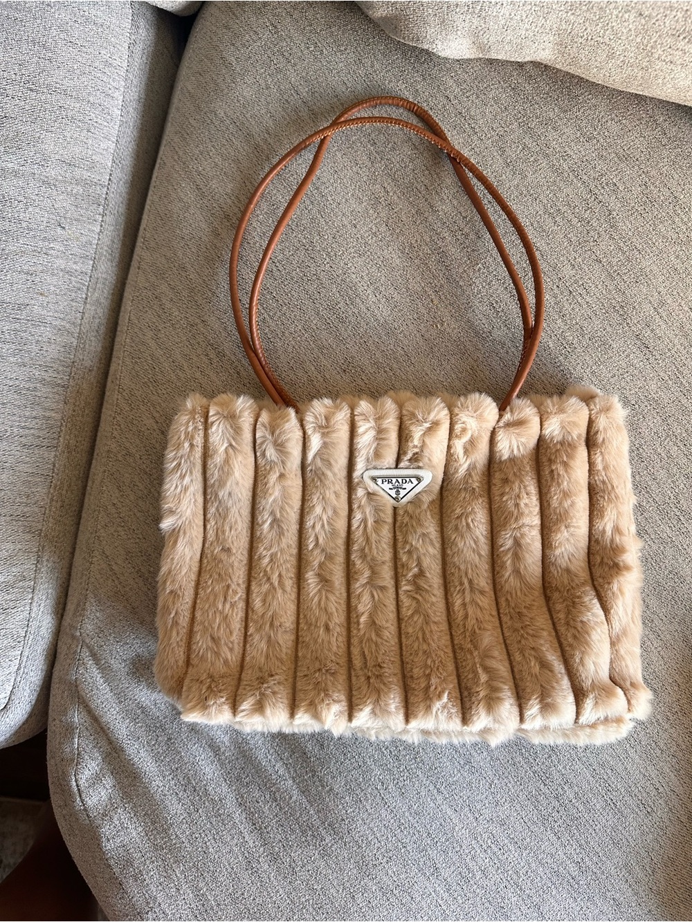 FASHION INSPO Tan Faux Fur Shoulder Bag with Brown Straps